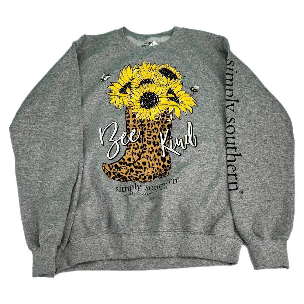 Simply Southern Sweatshirt Womens Small Gray Sunflowers Bee Kind Animal Print